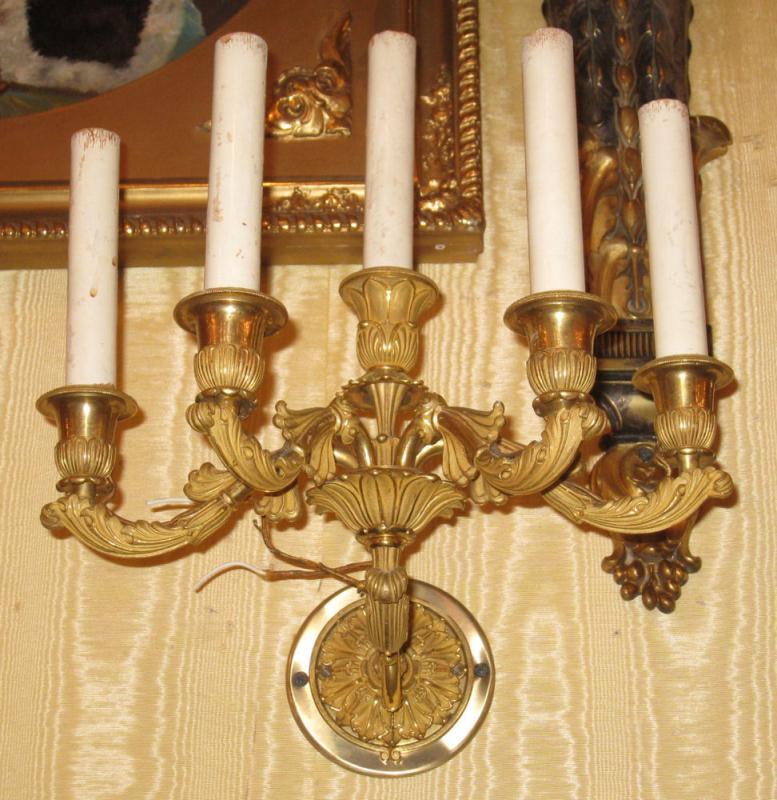Pair French Louis XV Style Gilt Bronze Neoclassical Sconces