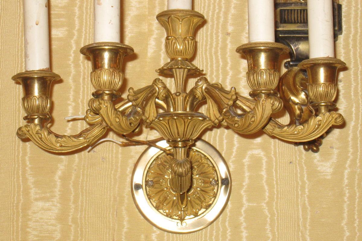 Pair French Louis XV Style Gilt Bronze Neoclassical Sconces