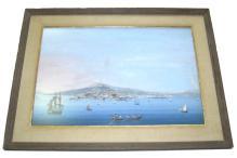 Pair Antique Neopolitan School Gouache Watercolor Paintings of Naples Harbor
