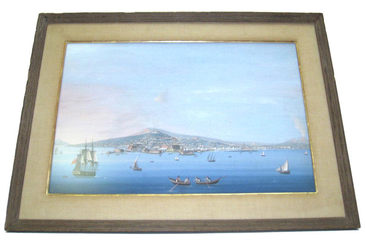 Pair Antique Neopolitan School Gouache Watercolor Paintings of Naples Harbor