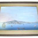 Pair Antique Neopolitan School Gouache Watercolor Paintings of Naples Harbor