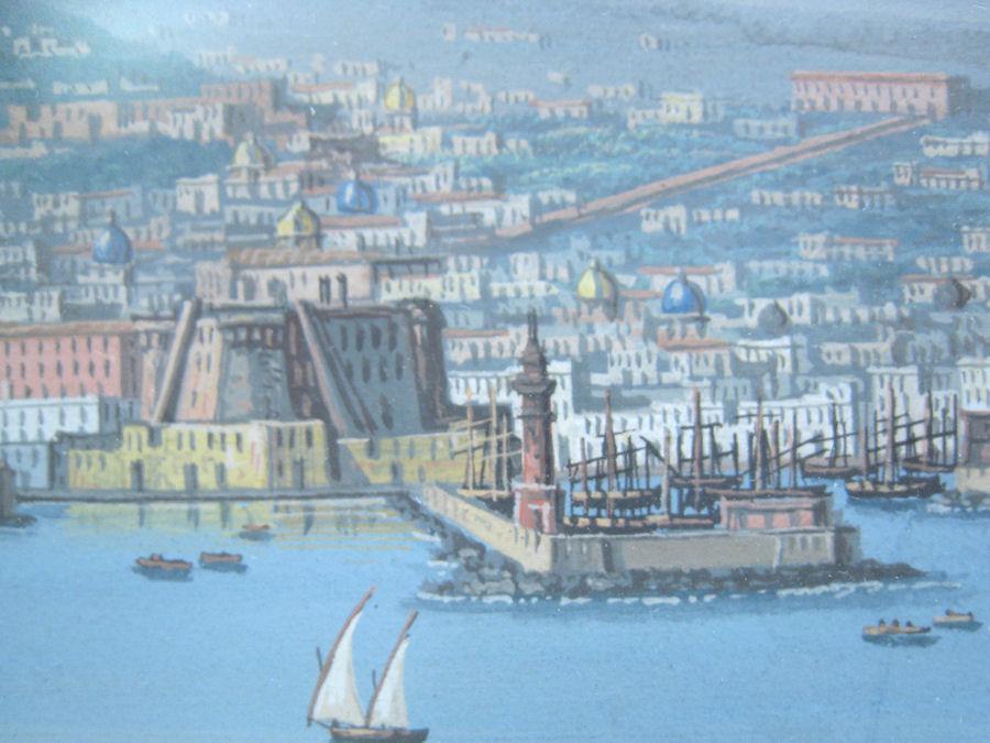 Pair Antique Neopolitan School Gouache Watercolor Paintings of Naples Harbor