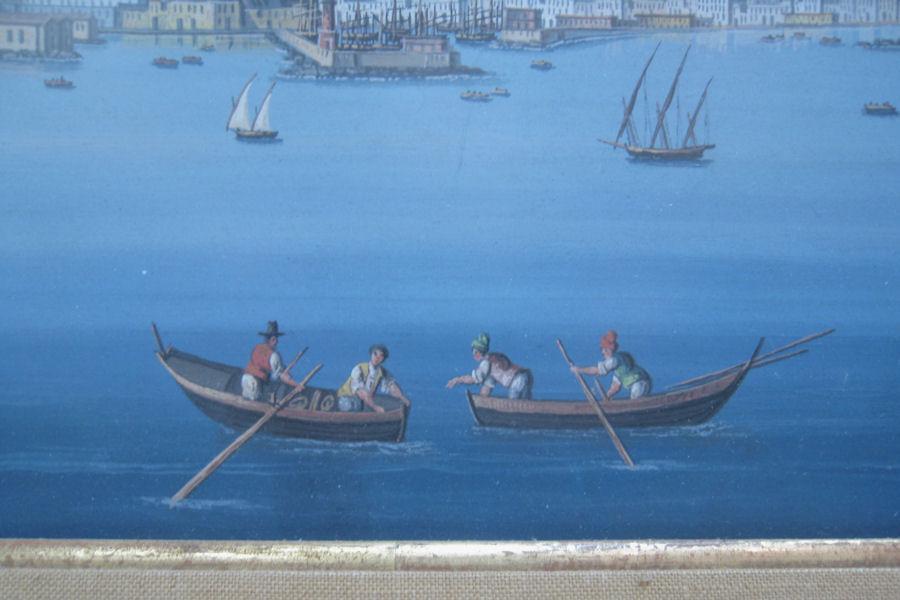 Pair Antique Neopolitan School Gouache Watercolor Paintings of Naples Harbor