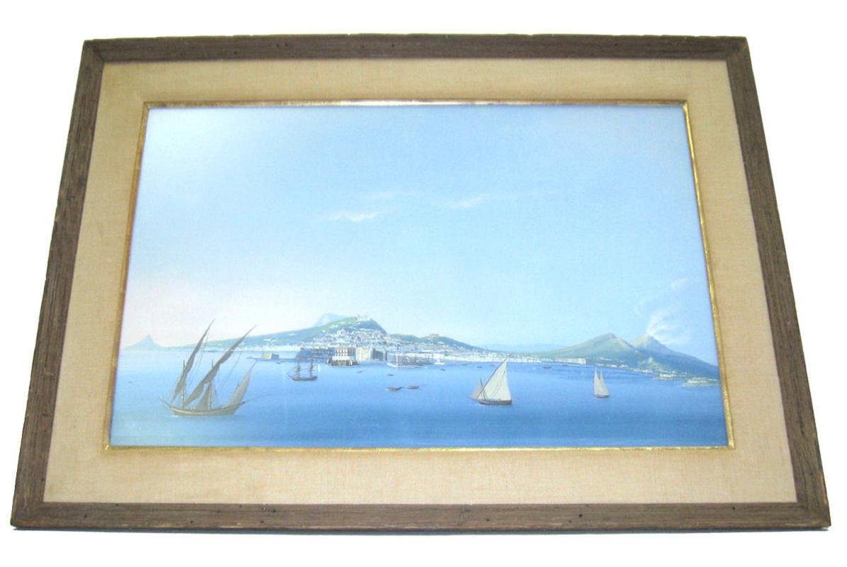 Pair Antique Neopolitan School Gouache Watercolor Paintings of Naples Harbor