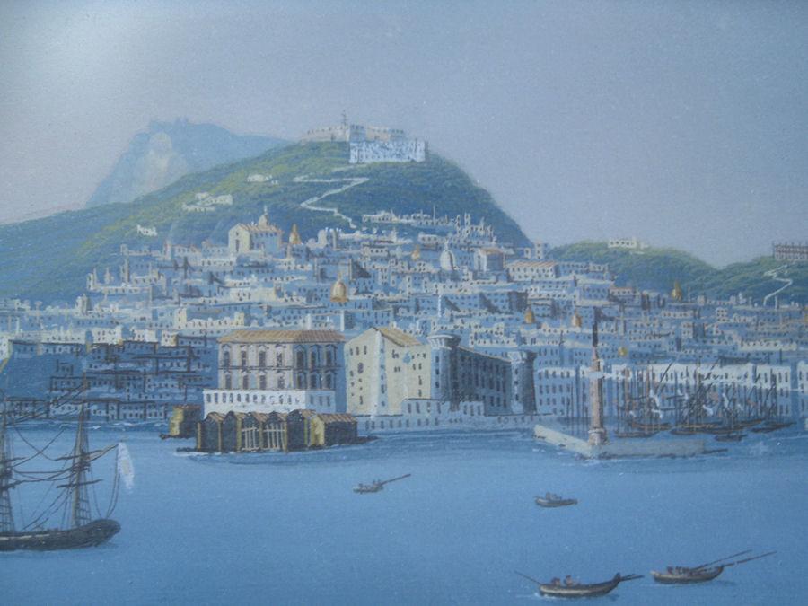 Pair Antique Neopolitan School Gouache Watercolor Paintings of Naples Harbor