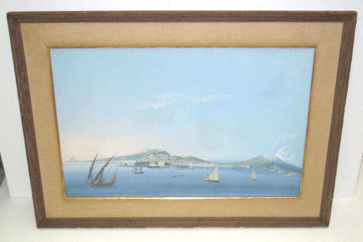 Pair Antique Neopolitan School Gouache Watercolor Paintings of Naples Harbor