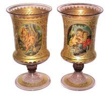 Pair Antique Venetian Neoclassical Parcel Gilt Glass Vases Goblets