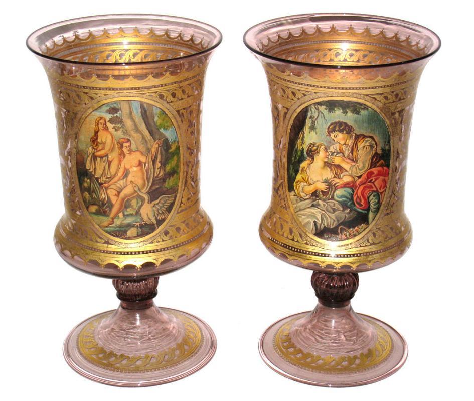 Pair Antique Venetian Neoclassical Parcel Gilt Glass Vases Goblets