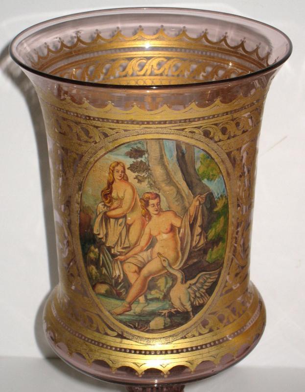 Pair Antique Venetian Neoclassical Parcel Gilt Glass Vases Goblets