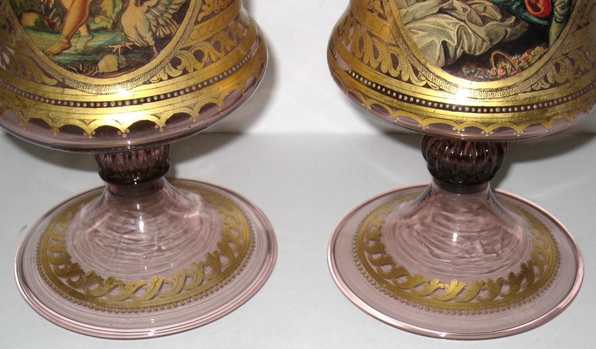 Pair Antique Venetian Neoclassical Parcel Gilt Glass Vases Goblets