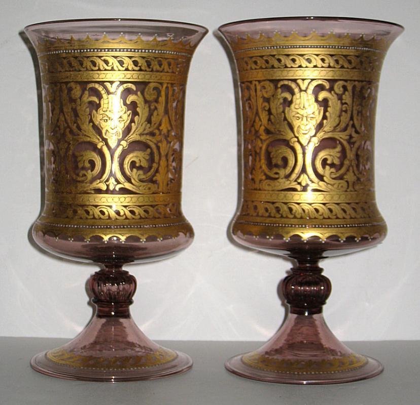 Pair Antique Venetian Neoclassical Parcel Gilt Glass Vases Goblets