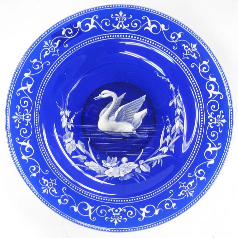 Antique Enameled Cobalt Blue Glass Tazza with Swan