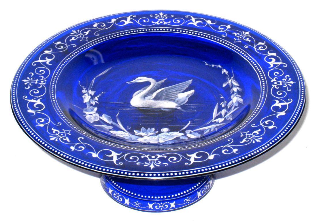 Antique Enameled Cobalt Blue Glass Tazza with Swan