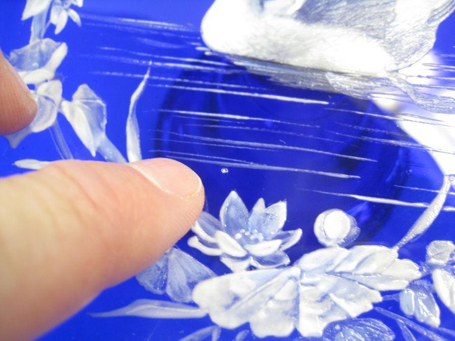 Antique Enameled Cobalt Blue Glass Tazza with Swan