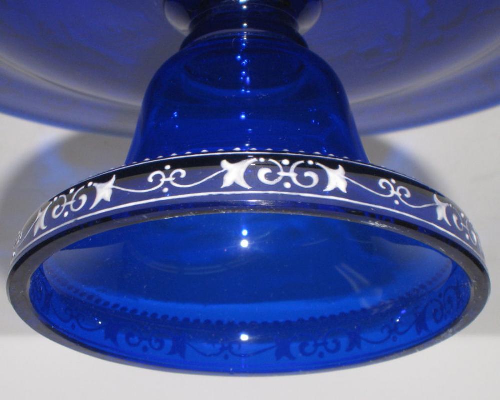 Antique Enameled Cobalt Blue Glass Tazza with Swan