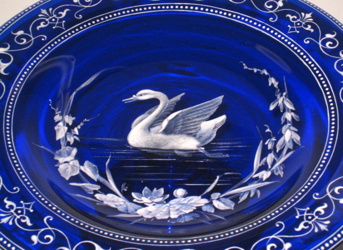 Antique Enameled Cobalt Blue Glass Tazza with Swan