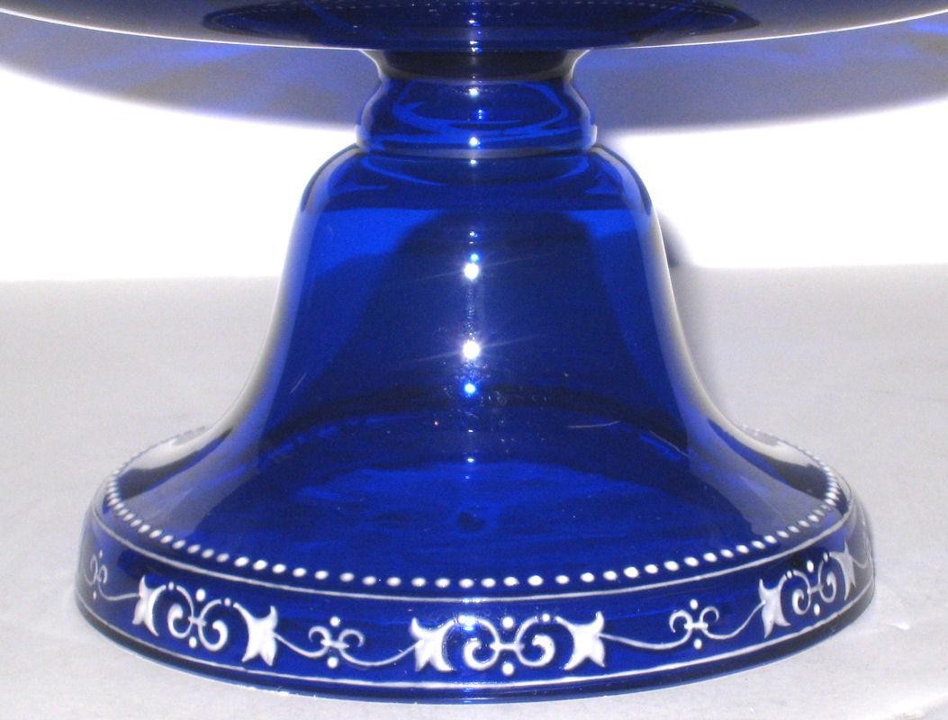 Antique Enameled Cobalt Blue Glass Tazza with Swan