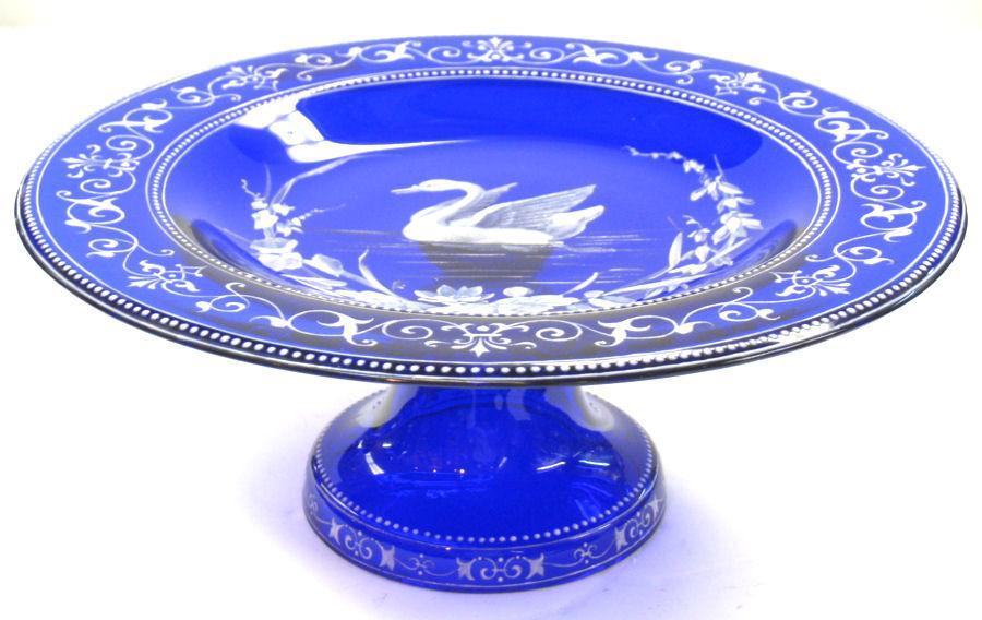Antique Enameled Cobalt Blue Glass Tazza with Swan
