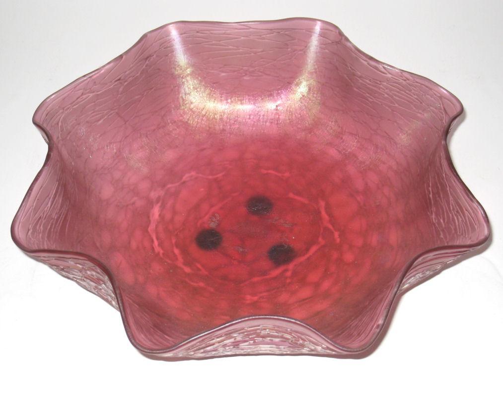 Antique Loetz Chine Décor Salmon Red Centerpiece Bowl