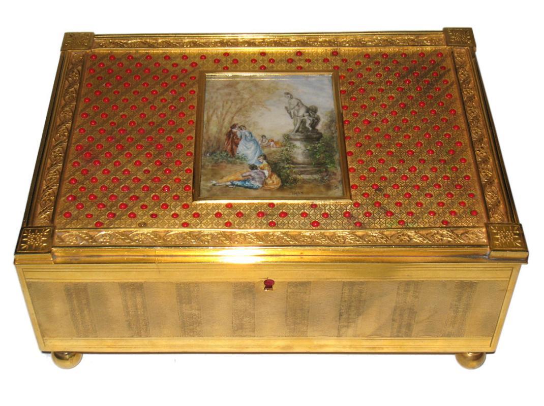 Antique European Gilt Metal Jewelry Box Casket with Miniature Painting
