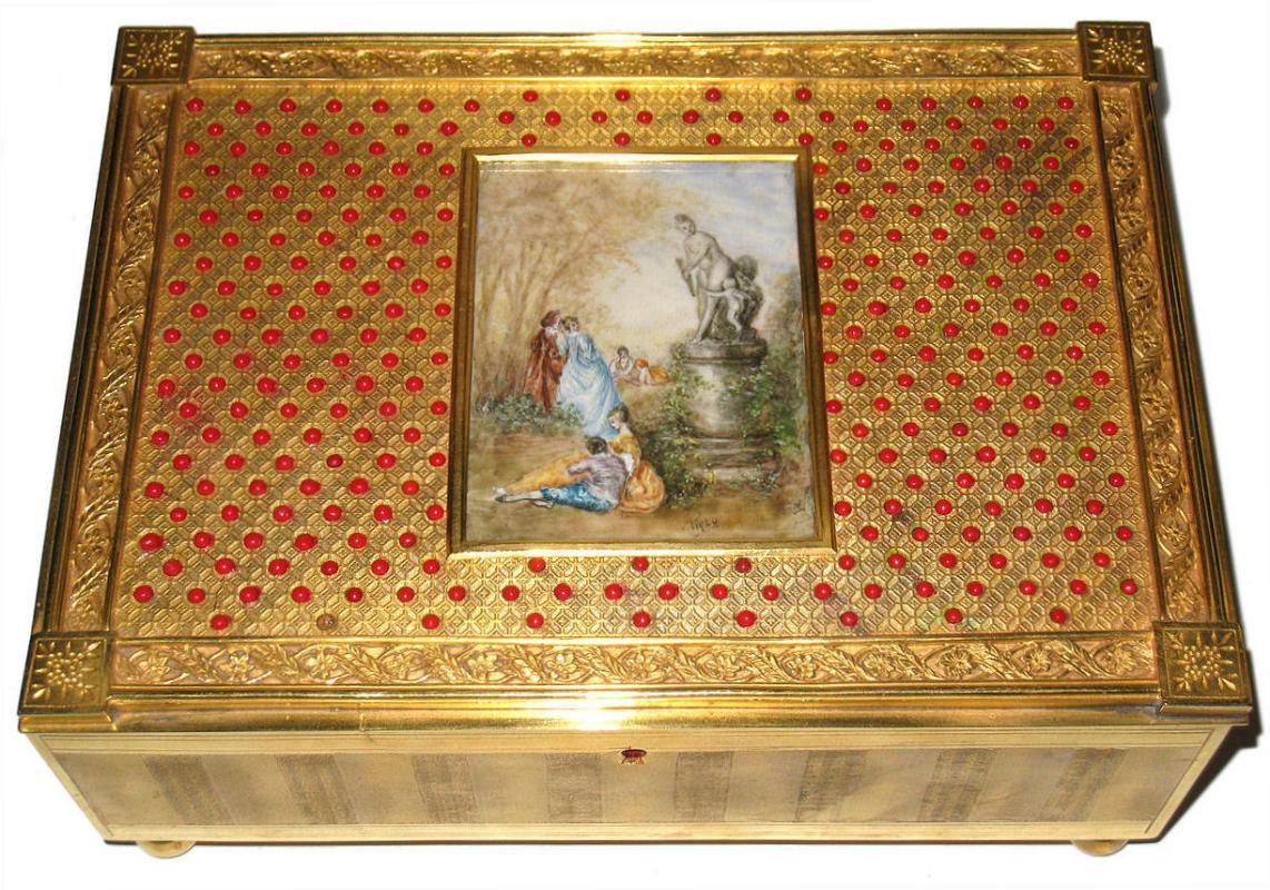 Antique European Gilt Metal Jewelry Box Casket with Miniature Painting