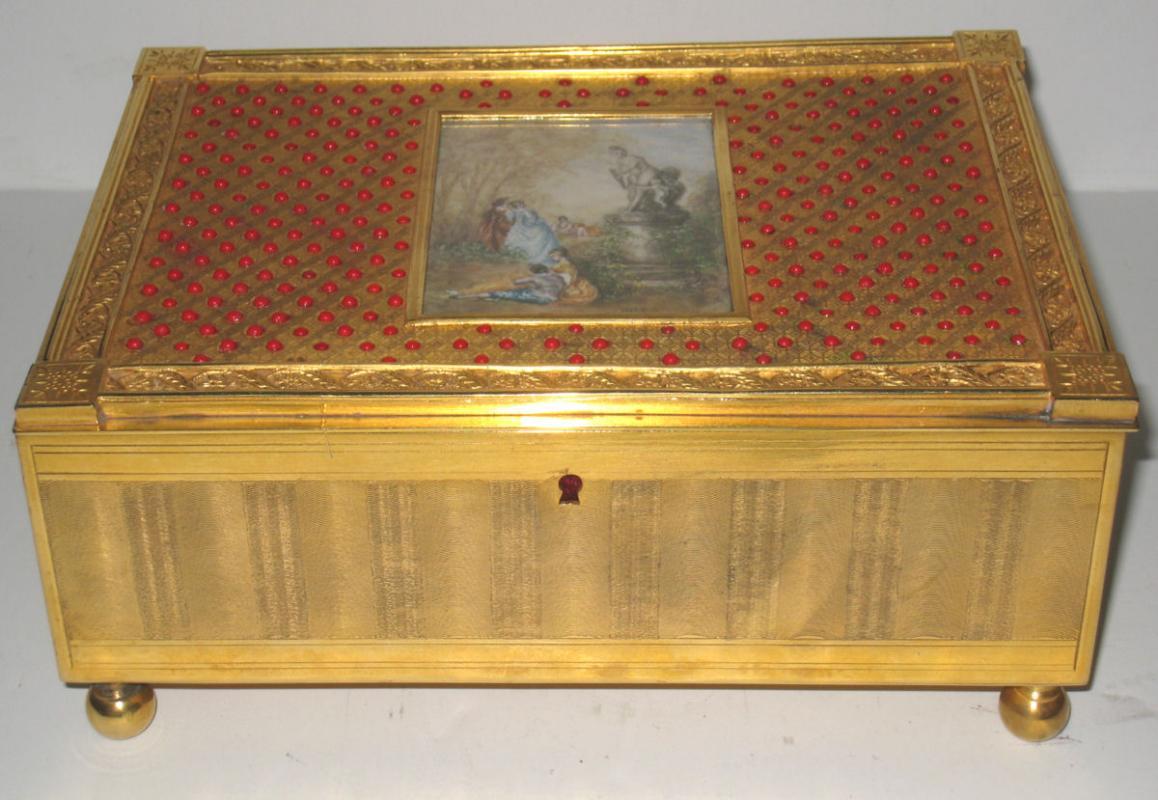 Antique European Gilt Metal Jewelry Box Casket with Miniature Painting