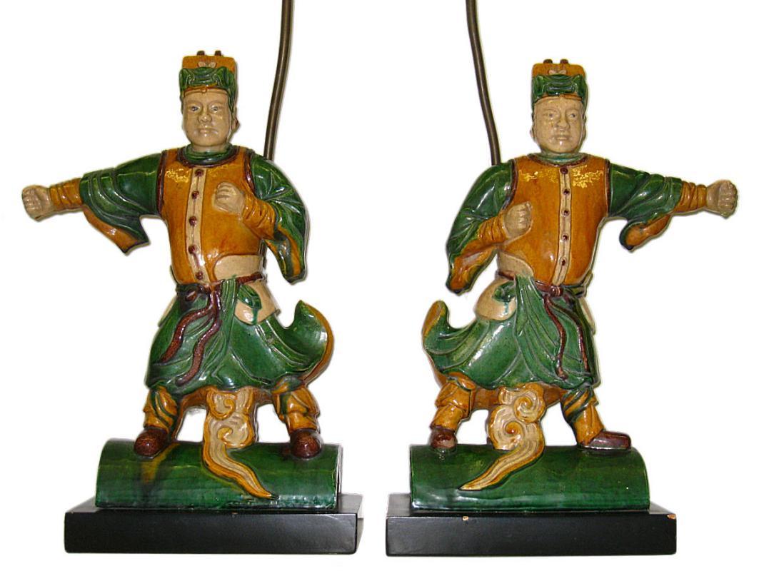 Pair Chinese Figurative Polychrome Glazed Ceramic Ceiling Tile Lamps