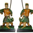 Pair Chinese Figurative Polychrome Glazed Ceramic Ceiling Tile Lamps