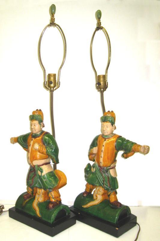 Pair Chinese Figurative Polychrome Glazed Ceramic Ceiling Tile Lamps