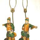 Pair Chinese Figurative Polychrome Glazed Ceramic Ceiling Tile Lamps