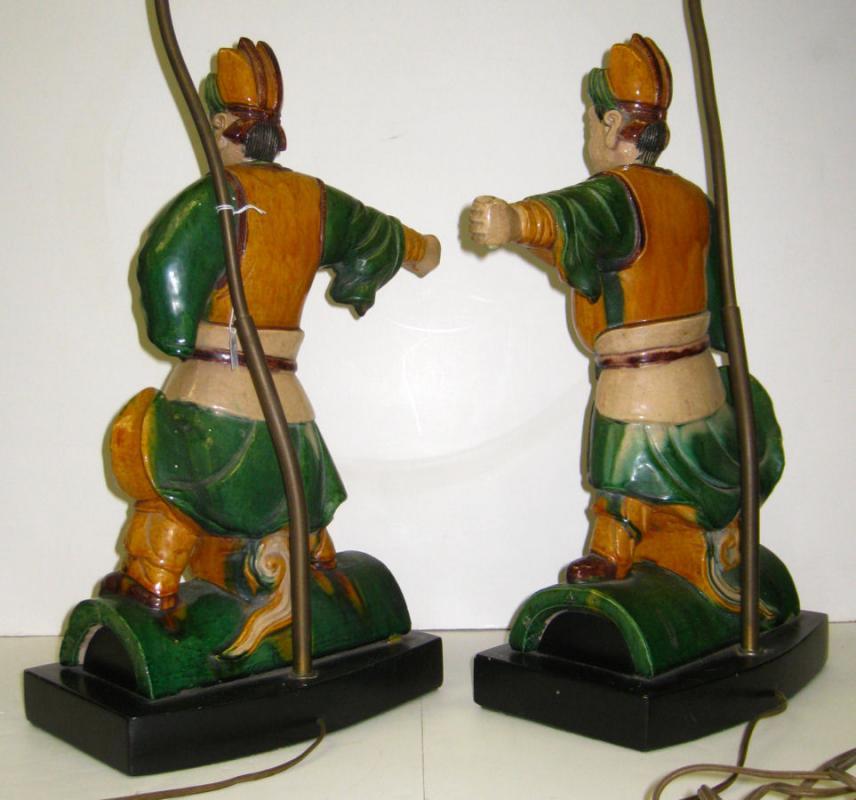 Pair Chinese Figurative Polychrome Glazed Ceramic Ceiling Tile Lamps