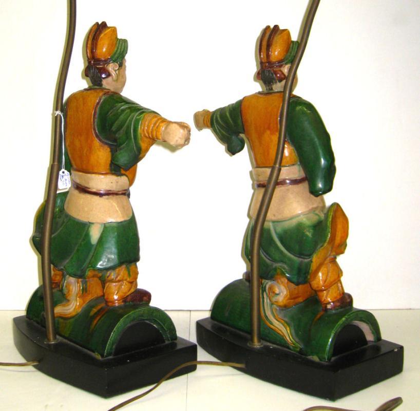 Pair Chinese Figurative Polychrome Glazed Ceramic Ceiling Tile Lamps