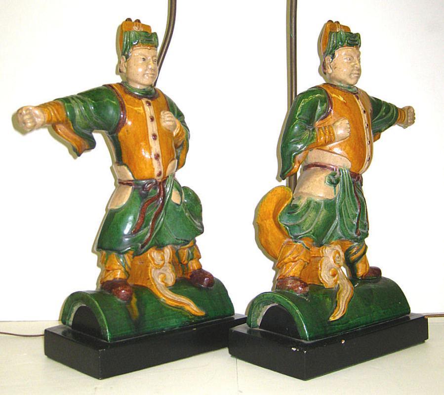 Pair Chinese Figurative Polychrome Glazed Ceramic Ceiling Tile Lamps