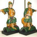 Pair Chinese Figurative Polychrome Glazed Ceramic Ceiling Tile Lamps