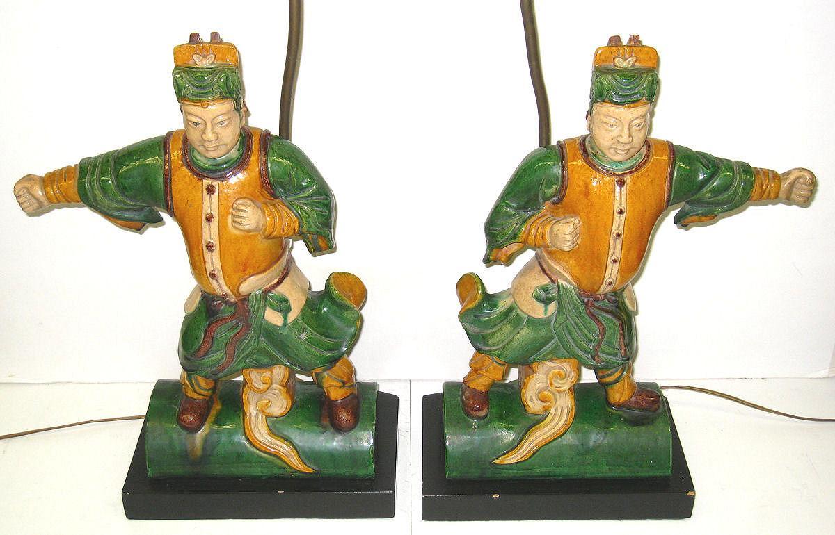 Pair Chinese Figurative Polychrome Glazed Ceramic Ceiling Tile Lamps