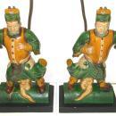 Pair Chinese Figurative Polychrome Glazed Ceramic Ceiling Tile Lamps