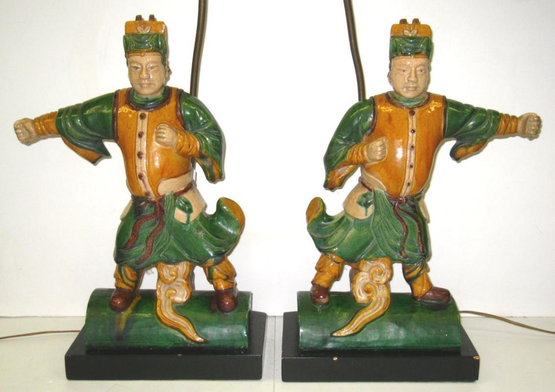 Pair Chinese Figurative Polychrome Glazed Ceramic Ceiling Tile Lamps