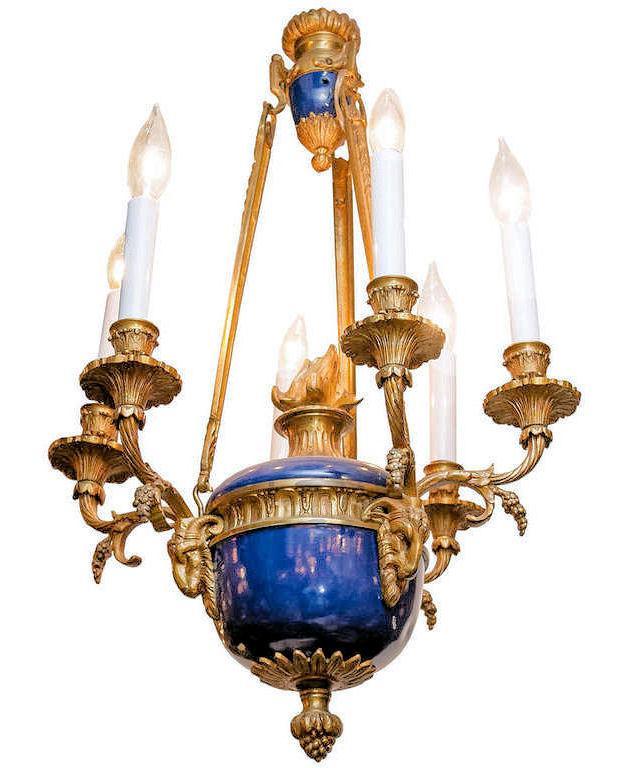 Antique Blue Enameled and Gilt Bronze Georgian Louis XVI Style Chandelier