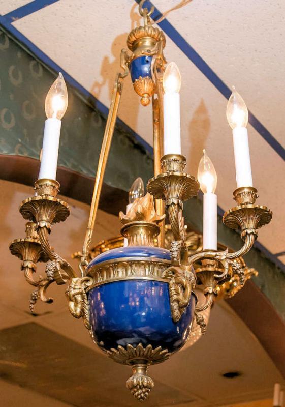 Antique Blue Enameled and Gilt Bronze Georgian Louis XVI Style Chandelier