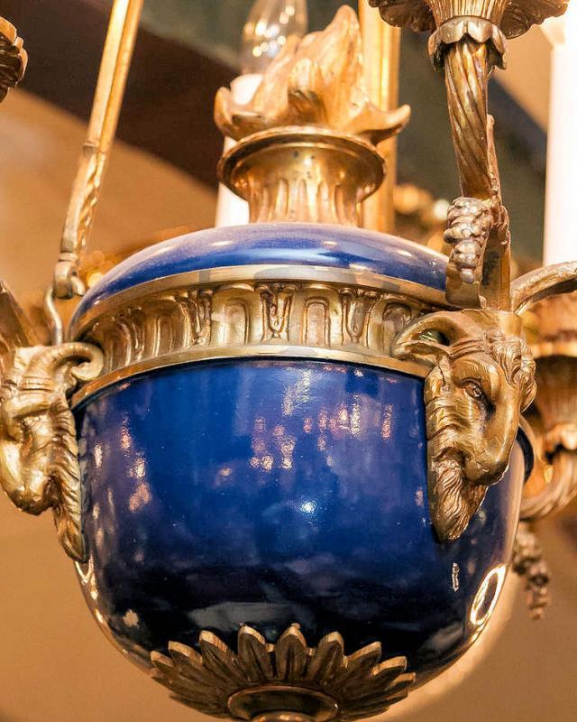 Antique Blue Enameled and Gilt Bronze Georgian Louis XVI Style Chandelier
