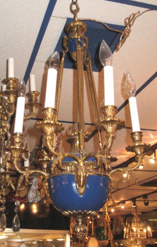 Antique Blue Enameled and Gilt Bronze Georgian Louis XVI Style Chandelier