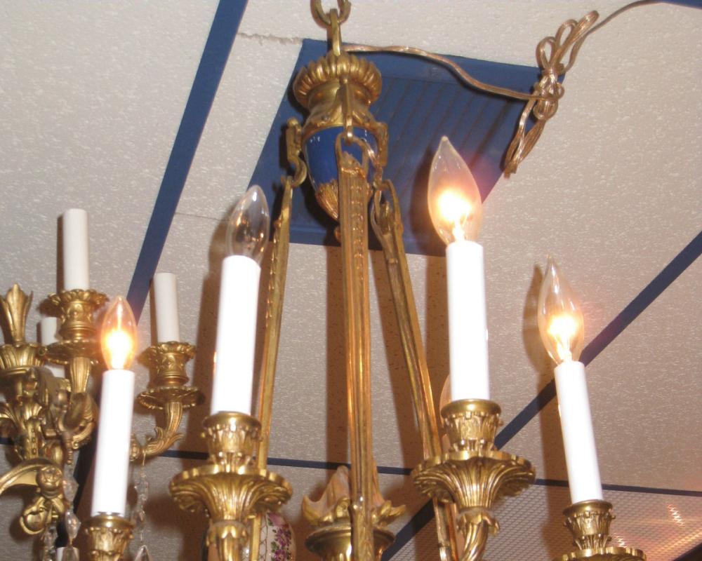 Antique Blue Enameled and Gilt Bronze Georgian Louis XVI Style Chandelier