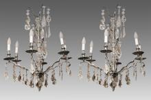 Pair Mid-Century Nickel Plated Metal & Glass Chandeliers