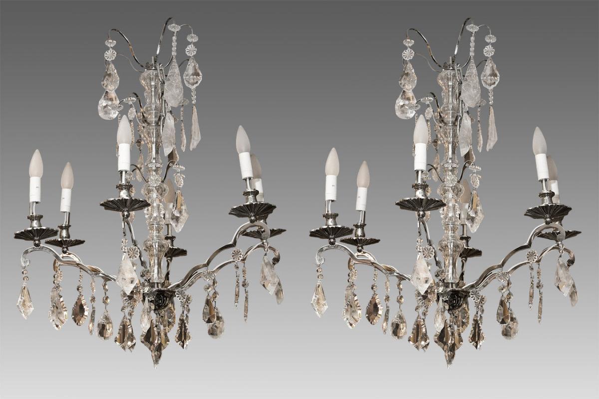 Pair Mid-Century Nickel Plated Metal & Glass Chandeliers