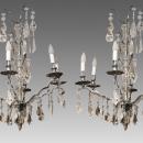 Pair Mid-Century Nickel Plated Metal & Glass Chandeliers