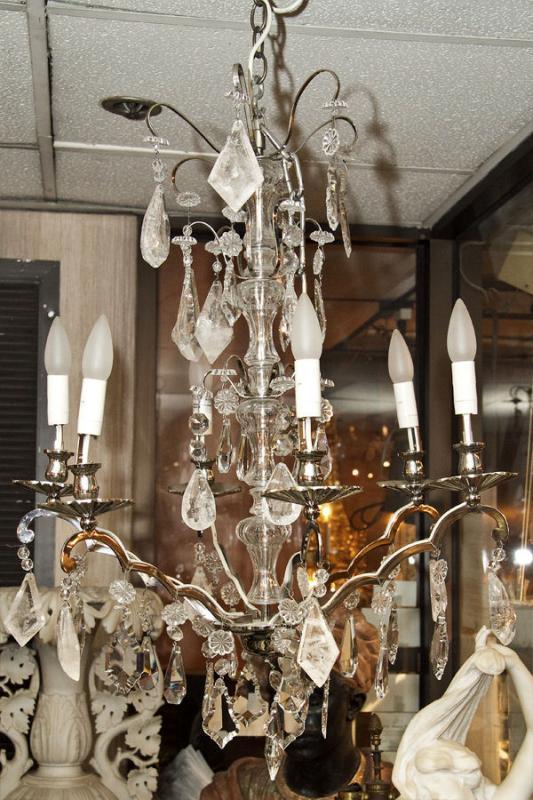 Pair Mid-Century Nickel Plated Metal & Glass Chandeliers