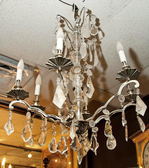 Pair Mid-Century Nickel Plated Metal & Glass Chandeliers