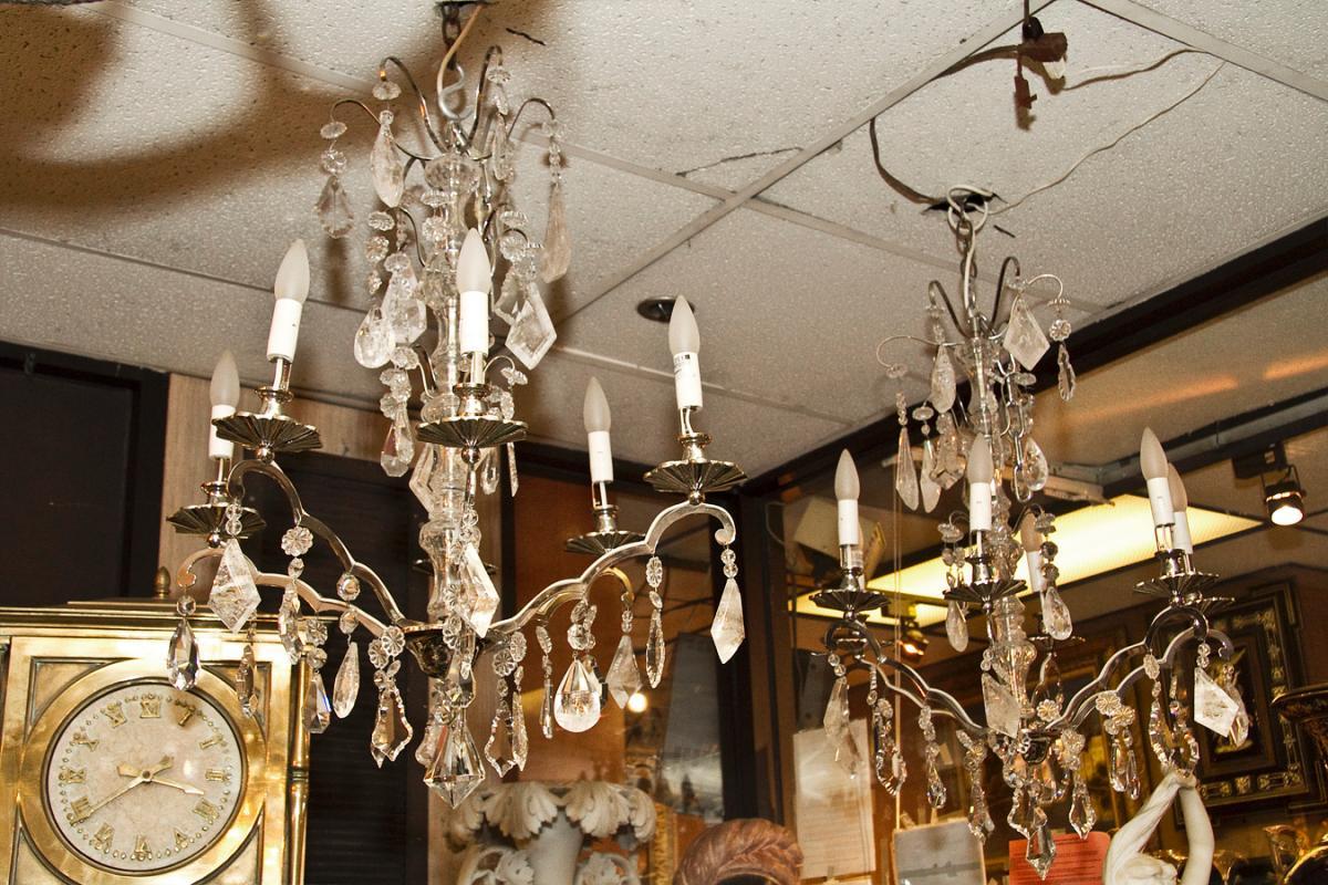 Pair Mid-Century Nickel Plated Metal & Glass Chandeliers
