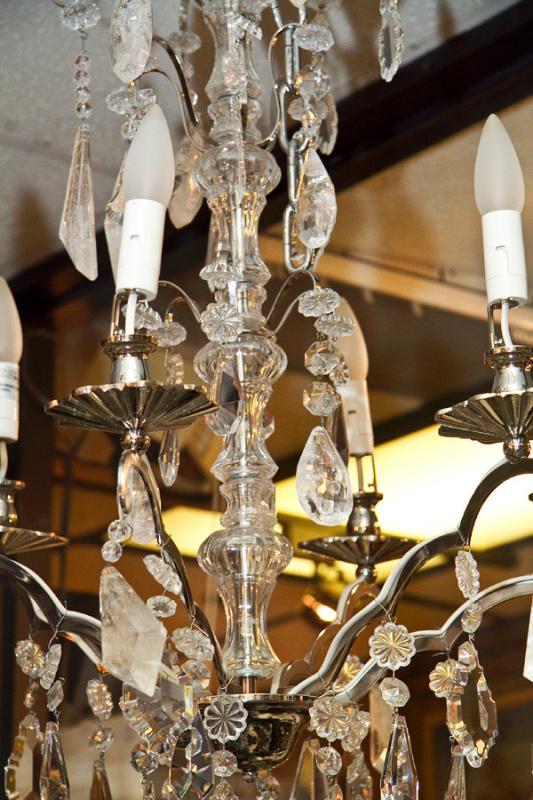 Pair Mid-Century Nickel Plated Metal & Glass Chandeliers