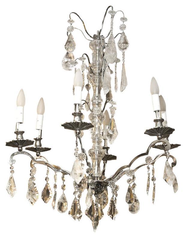 Pair Mid-Century Nickel Plated Metal & Glass Chandeliers